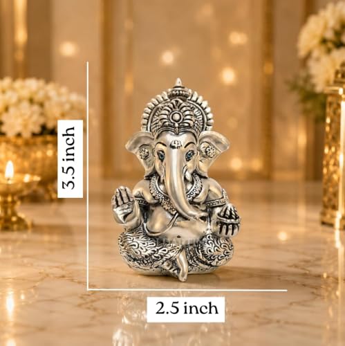 Image 3 of Gold Art India Ganesha Idol for Car Dashboard & Kamdhenu Idol for Vastu Decor (Silver, Oval)
