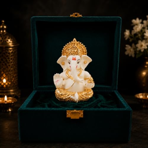 Image 2 of Gold Art India Ganesha Idol for Car Dashboard & Kamdhenu Idol for Vastu Decor (Gold Off White (Cream), Oval)