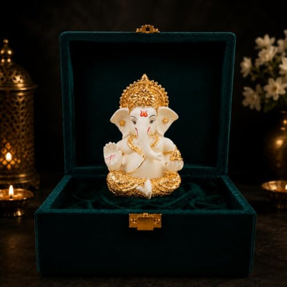Image 2 of Gold Art India Ganesha Idol for Car Dashboard & Kamdhenu Idol for Vastu Decor (Gold Off White (Cream), Oval)