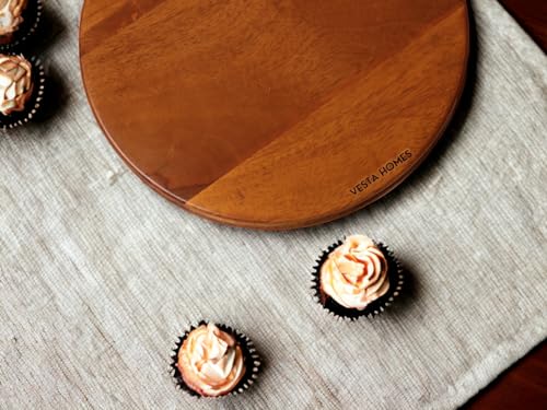 Image 5 of Vesta Homes Large Round Wooden 360 degree Rotating Cake Stand, Pizza Stand, Dessert Platter, Stand for Dining Table | Diameter - 12 inch, Height - 3 inch