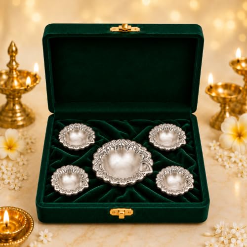 Image 1 of Default Title for the product Dev Aastha 999 Silver Plated Flower Diya Set of 5