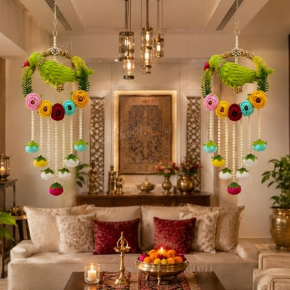 Image 2 of Divyakosh Handmade Parrot Hanging for Home Decor Set of 2 | Indian Festive Door Wall Hanging with Pearl Tassels & Floral Design| Latkan for Diwali, Wedding, Housewarming, Living Room & Balcony