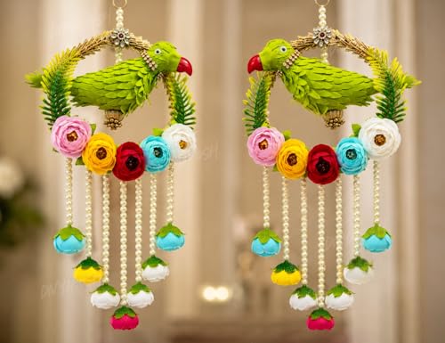 Image 1 of Default Title for the product Divyakosh Handmade Parrot Hanging for Home Decor Set of 2 | Indian Festive Door Wall Hanging with Pearl Tassels & Floral Design| Latkan for Diwali, Wedding, Housewarming, Living Room & Balcony