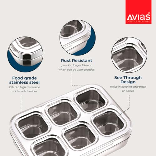 Image 3 of AVIAS 6-in-1 Stainless Steel Masala/Spice Box, See-Through Lid, Design