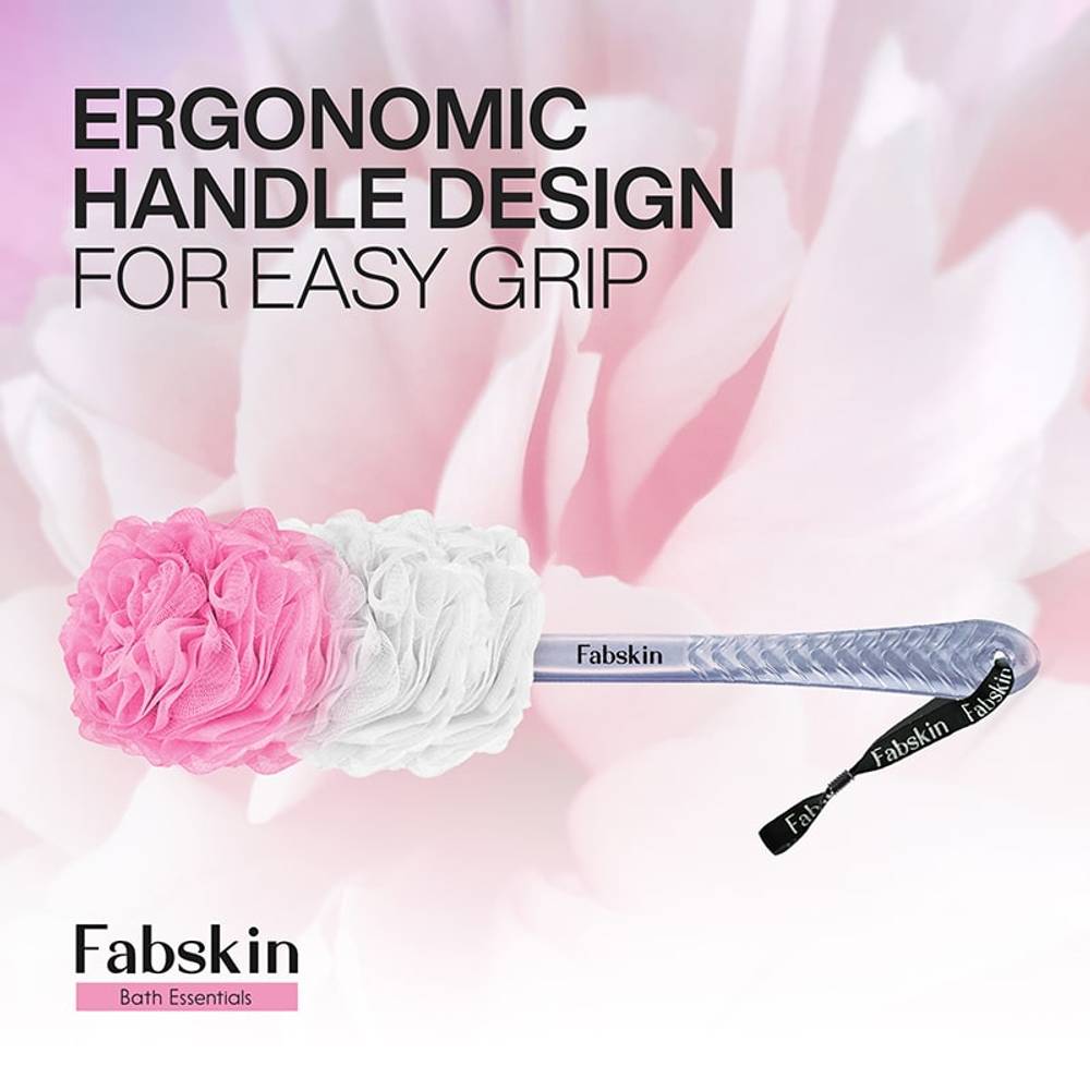 Image 3 of Fabskin Bath Brush Loofah For Men & Women With Long Plastic Handle Pink & White