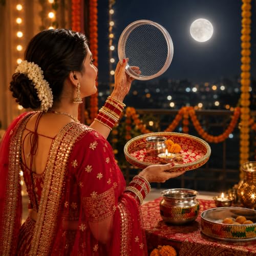 Image 2 of Pure Source India Traditional Banarasi Floral Brocade Design Karwa Chauth Pooja Thali Set with Channi, Karwa Lota