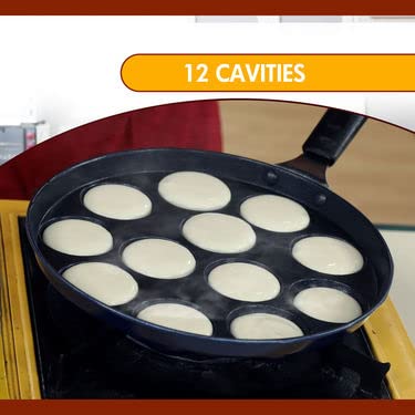 Image 7 of Xtend Royal Single Handle 12 Cavity Appam Patra Paddu Paniyarakkal Maker Chatty Paniyaram Pan Ponganal Baati Litti Baking Pot with Steel Lid (Aluminium, Non-Stick)