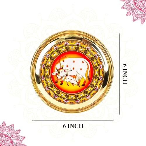 Image 4 of Klassic 6 Inch Handcrafted Brass Thali/Aarti Plate | Cow Design, Medium(Pack Of 1, Golden)