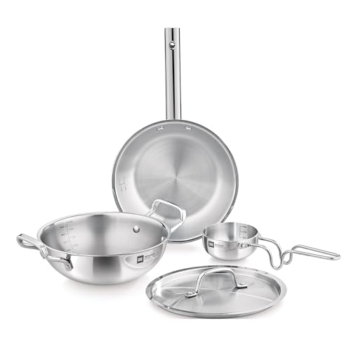 Image 1 of Default Title for the product BERGNER TriPro Tri-Ply Stainless Steel 4 Pcs Cookware Set - 22cm Indian Wok/Kadai with Lid, 22cm Frypan, 10cm Tadka Pan