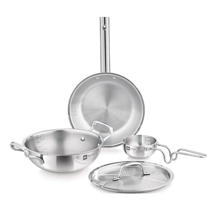 Image 1 of Default Title for the product BERGNER TriPro Tri-Ply Stainless Steel 4 Pcs Cookware Set - 22cm Indian Wok/Kadai with Lid, 22cm Frypan, 10cm Tadka Pan