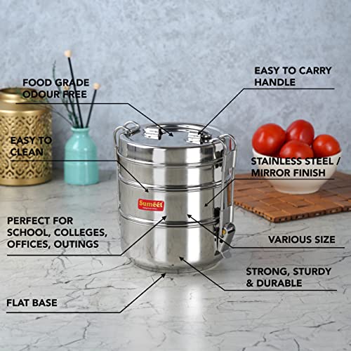 Image 3 of Sumeet Stainless Steel 3 Compartment Lunch Box/Tiffin with Lid (1500ML)