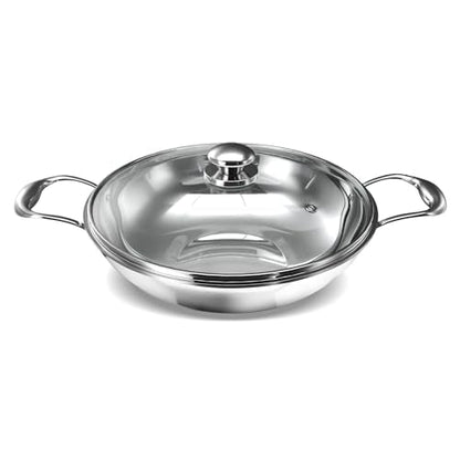 Image 1 of Default Title for the product Preethi Metallica Collection Triply Stainless Steel Kadai with Glass Lid, 28 cm, Gas & Induction Compatible, Metal Spatula Friendly