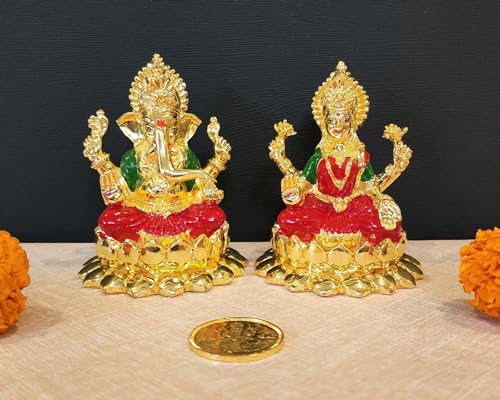 Image 1 of Default Title for the product Gold Art India Kamal Laxmi Ganesha Gold Plated Idol with Enamel Color and Gold Plated Coin (4" Inch)