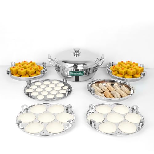 Image 1 of Default Title for the product The Indus Valley Triply Stainless Steel Idli Maker/Multi Kadai | 6 Plates, 2 Idli | 1 Mini Idli | 2 Dhokla | 1 Steamer | Momo Maker/Steamer Set | 27cm/10.6 inch, 5Ltr, 3.7kg | 3-Layer Body | Induction Friendly