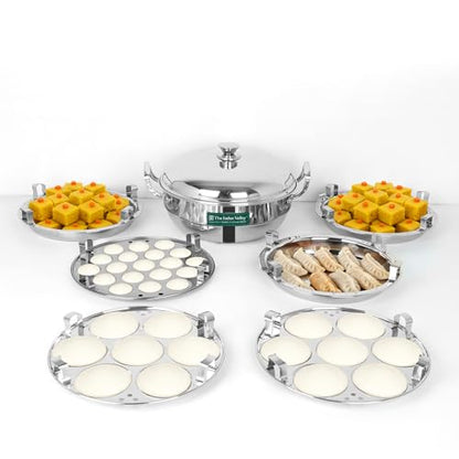 Image 1 of Default Title for the product The Indus Valley Triply Stainless Steel Idli Maker/Multi Kadai | 6 Plates, 2 Idli | 1 Mini Idli | 2 Dhokla | 1 Steamer | Momo Maker/Steamer Set | 27cm/10.6 inch, 5Ltr, 3.7kg | 3-Layer Body | Induction Friendly