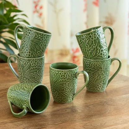 Image 1 of Default Title for the product ExclusiveLane Green Flora Ceramic Coffee Mugs Set of 6 290 ml