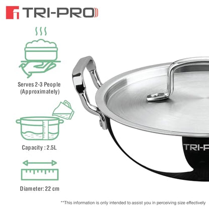Image 7 of BERGNER Bergner Tripro Triply Cookware Set 5 Pcs - 22cm (2.3L) Kadai with Lid, 22cm Frypan, 16cm (1.8L) Tope with Lid