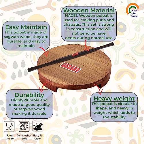 Image 4 of HAZEL Sagwan Polpat Chakla Roti Chapati Maker 24 cm with Sheesham Roti Roller Belan Rolling Pin 42 cm