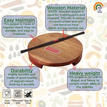 Image 4 of HAZEL Sagwan Polpat Chakla Roti Chapati Maker 24 cm with Sheesham Roti Roller Belan Rolling Pin 42 cm
