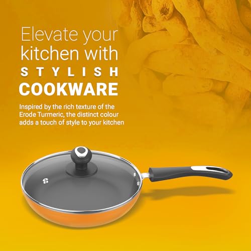 Image 4 of Preethi Dura Collection Non Stick Fry Pan, 24 cm, with Glass Lid, Gas & Induction Compatible, 5 Star Non Stick Effect, Turmeric Yellow
