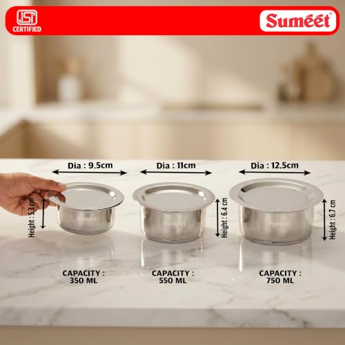 Image 5 of Sumeet ISI Certified Induction Bottom Small Container Set with Lid - 350ml, 550ml, 750ml