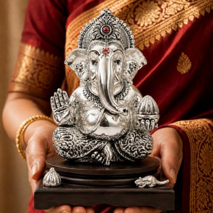 Image 6 of Dev Aastha Silver-Plated Lord Ganesha Idol with Modak & Mushak - Large