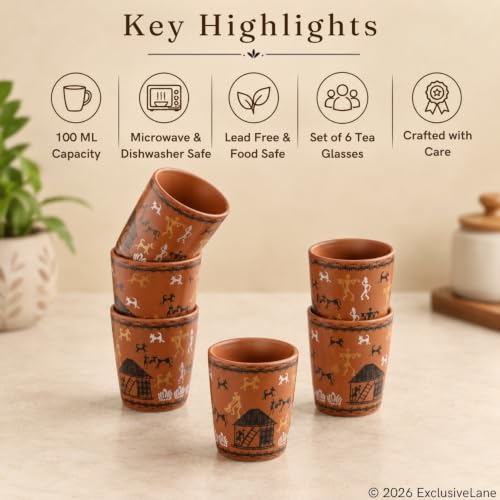 Image 4 of ExclusiveLane Warli Village Tales Handcrafted Ceramic Cutting Chai Glasses Set of 6 Tea Glasses Tea Cups Coffee Mug 100 ML Microwave Safe
