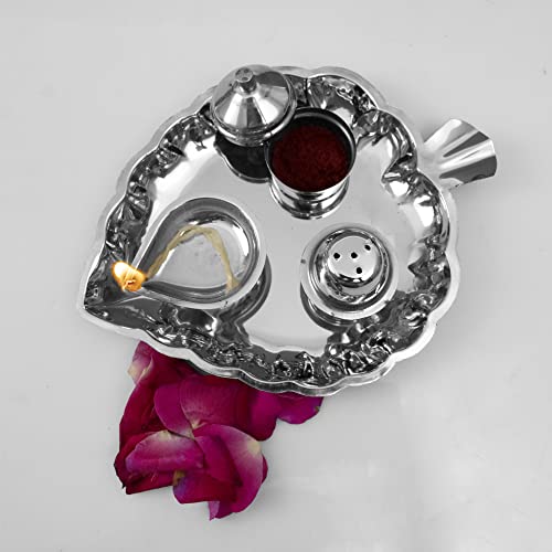 Image 5 of Spillbox Traditional Handcrafted Stainless Steel Thali kumkum Plate for Pooja/Worship-Bowl-Dhoop-Diya(Silver)