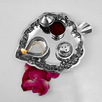 Image 5 of Spillbox Traditional Handcrafted Stainless Steel Thali kumkum Plate for Pooja/Worship-Bowl-Dhoop-Diya(Silver)