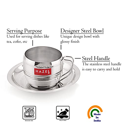 Image 5 of HAZEL Stainless Steel Cup & Saucer Set of 6 | 170 ml Unbreakable Tea/Coffee Cups & Saucers | Stainless Steel Mugs & Saucer Set