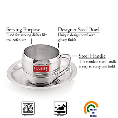 Image 5 of HAZEL Stainless Steel Cup & Saucer Set of 6 | 170 ml Unbreakable Tea/Coffee Cups & Saucers | Stainless Steel Mugs & Saucer Set