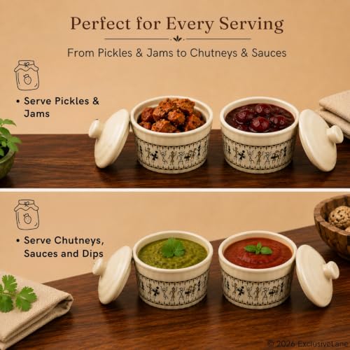 Image 4 of ExclusiveLane Warli Village Tales Handcrafted Ceramic Pickle Jar Set (Set of 2, 160 ml)