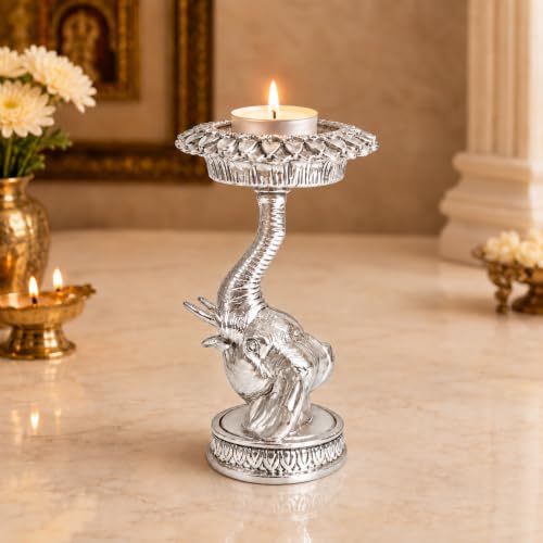 Image 4 of Elaris 999 Pure Silver Plated Elephant Candle Holder Showpiece – 5.31 Inch, Silver Plated
