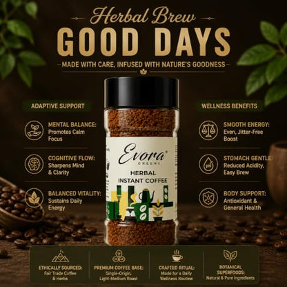 Image 3 of Evora Greens Herbal Instant Coffee | Arabica & Robusta Blend with Functional Herbs | Smooth Strong Taste | Hot & Black Coffee | Makes ~50 Cups | 100g Glass Jar
