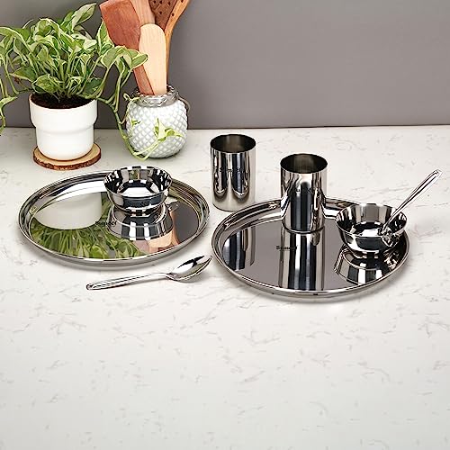 Image 6 of Sumeet Stainless Steel Heavy Gauge Mirror Finish Solid Dinner Set Of 8 Pcs (2 Plate, 2 Bowl/Wati, 2 Glass, 2 Spoon), Silver