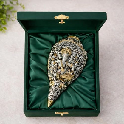 Image 1 of Default Title for the product Dev Aastha 999 Pure Silver Plated & 24K Gold Plated Ganesh Shankh 3.5 Inch