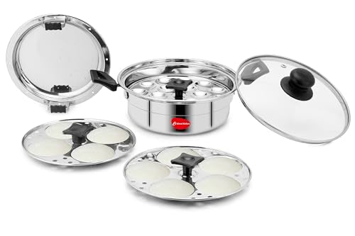 Image 4 of Klassi Kichen Stainless Steel Multi Steamer Pot with Glass Lid | Idli Maker with 4 Plates (9 Idlis Each) & Mini Idli Plate | 1.5L Steamer | Gas Stove & Induction Compatible Dhokla & Vegetable Steamer