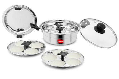 Image 4 of Klassi Kichen Stainless Steel Multi Steamer Pot with Glass Lid | Idli Maker with 4 Plates (9 Idlis Each) & Mini Idli Plate | 1.5L Steamer | Gas Stove & Induction Compatible Dhokla & Vegetable Steamer