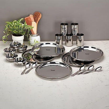 Image 1 of Default Title for the product Sumeet Stainless Steel Heavy Gauge Mirror Finish Solid Dinner Set Of 20 Pcs (5 Plate, 5 Bowl/Wati, 5 Glass, 5 Spoon), Silver