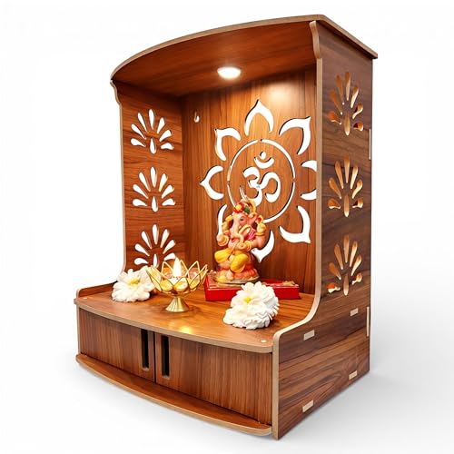 Image 2 of DARK WOODEN for the product Devson Wooden Pooja Mandir with LED Light and Storage Shelves