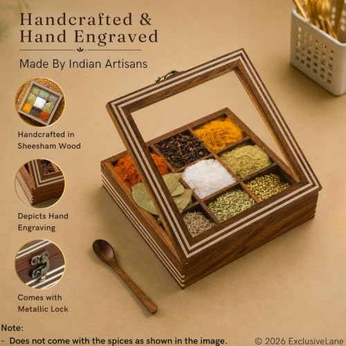 Image 2 of ExclusiveLane Sheesham Wooden Spice Box for Kitchen with Spoon (9 Non-Detachable Compartments, Each Compartments : 80 gram)