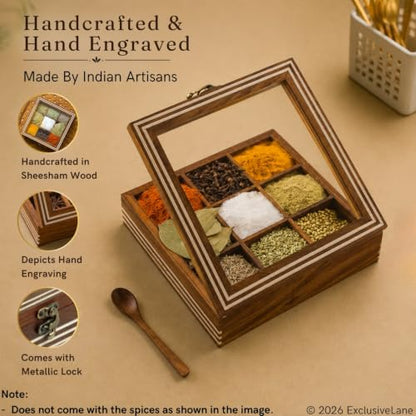 Image 2 of ExclusiveLane Sheesham Wooden Spice Box for Kitchen with Spoon (9 Non-Detachable Compartments, Each Compartments : 80 gram)