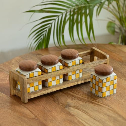 Image 1 of Default Title for the product ExclusiveLane Shatranj Checkered Multi Utility Storage Ceramic Jars with Wooden Holder Set of 4 240 ml