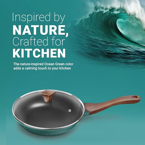 Image 3 of Preethi Artistic Collection Die Cast Non Stick Fry Pan, 24 cm,with Glass Lid, 5 Star Non Stick Effect, Cook & Serve, Ocean Green