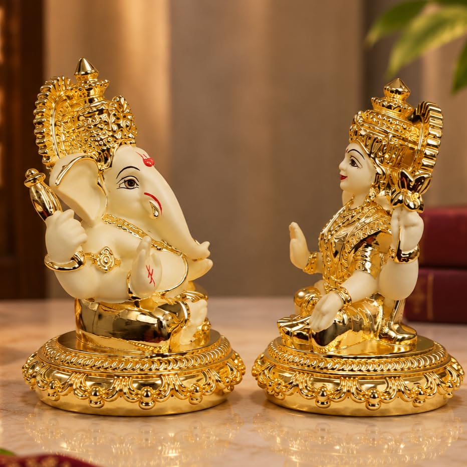 Image 4 of Gold Art India Laxmi Ganesh Gold Plated Off White Terracotta Idol for Home Decor 3.7" Inch