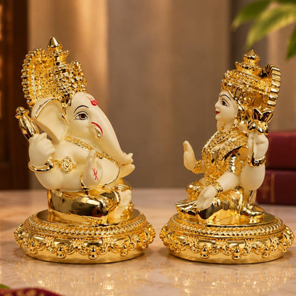 Image 4 of Gold Art India Laxmi Ganesh Gold Plated Off White Terracotta Idol for Home Decor 3.7" Inch