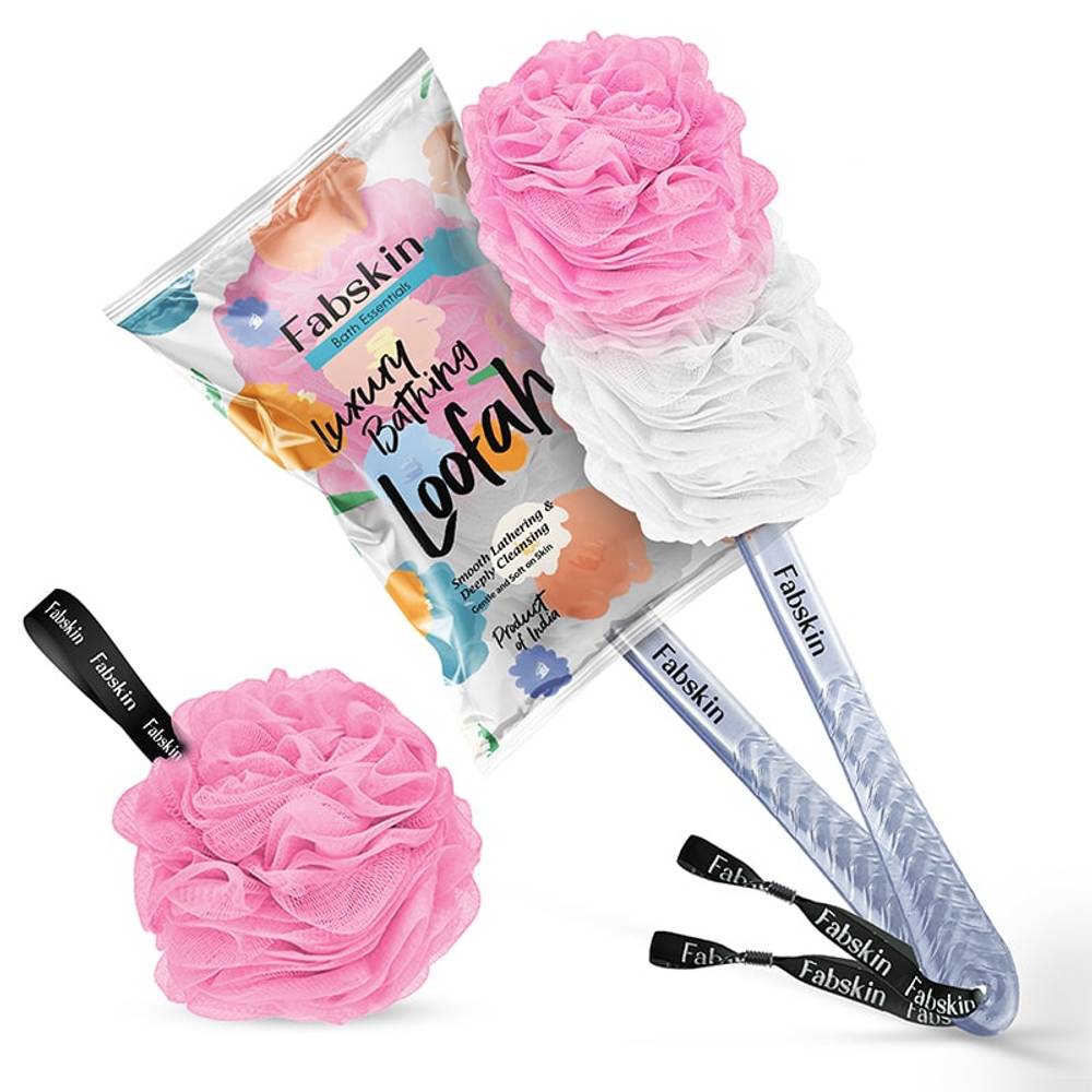 Image 1 of 1 Pc / Pack of 1 for the product Fabskin Loofah Duo Pack- Bath Brush With Long Handle & Round Loofah- For Men & Women- Pink & White