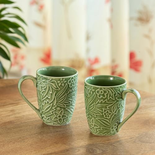 Image 1 of Default Title for the product ExclusiveLane Green Flora Ceramic Coffee Mugs Set of 2 290 ml