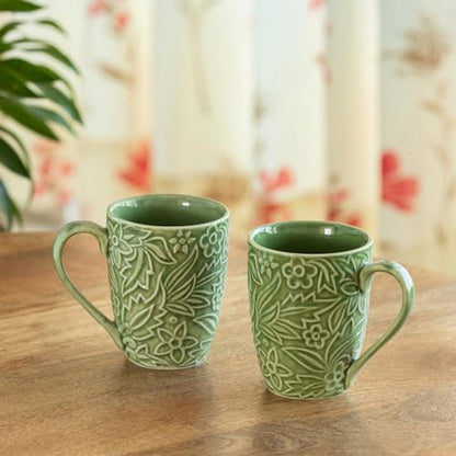 Image 1 of Default Title for the product ExclusiveLane Green Flora Ceramic Coffee Mugs Set of 2 290 ml