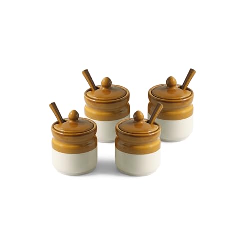 Image 4 of ExclusiveLane 'Barni Tales' Ceramic Pickle Jars for Dining Table With Spoon & Iron Holder (Set Of 4, Non-Airtight, 270 ml) | Pickle Jar With Spoon Achar Jar Set Achar Container Set for Dining Table|